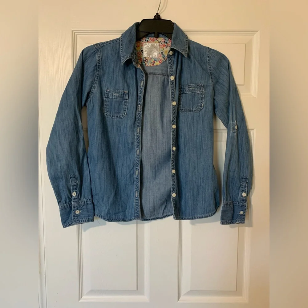 Justice Collared Long Sleeve Denim Button‎ Down with Floral Accent Size 16